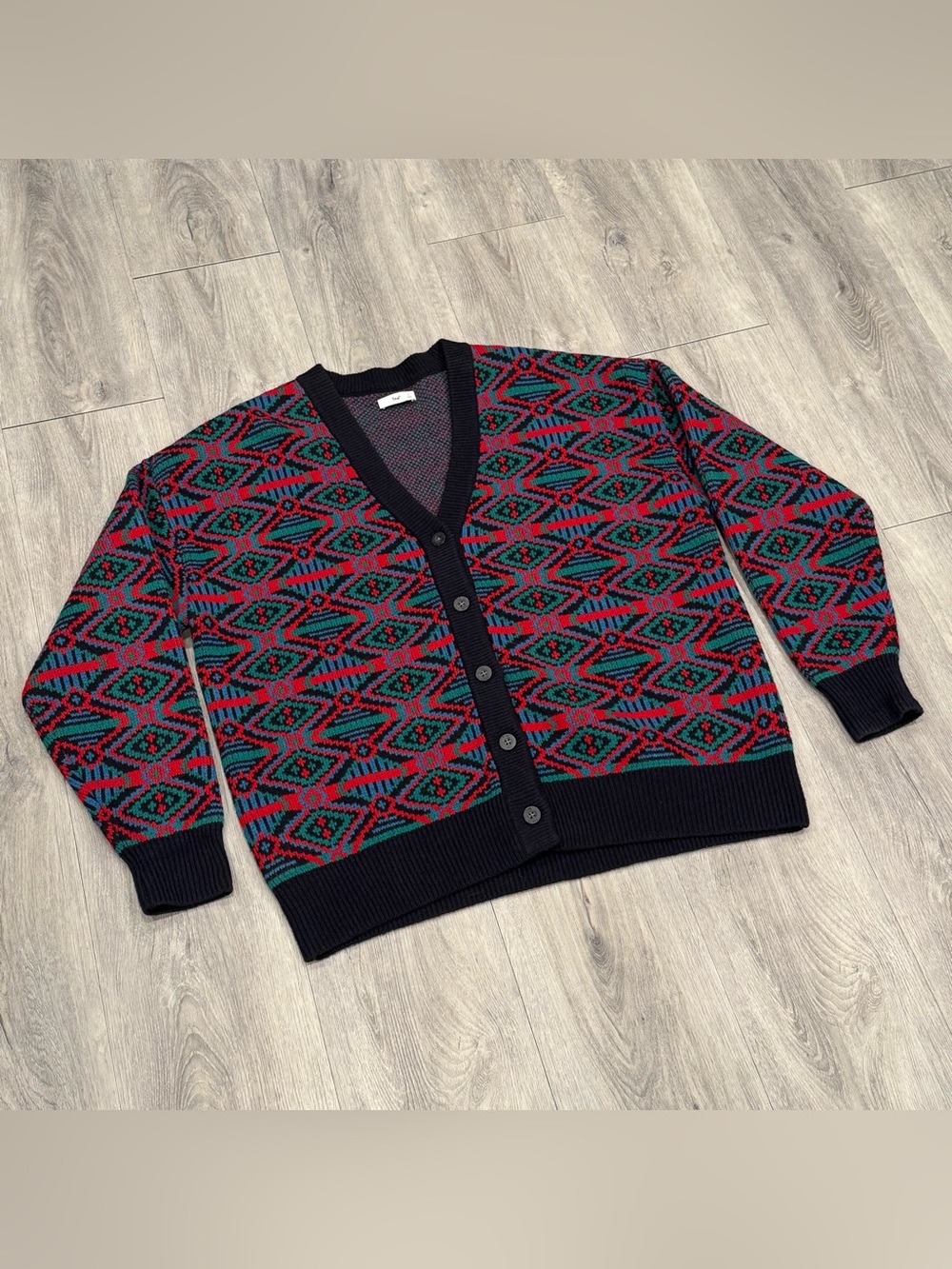TNA Oversized Merino Wool Black Cardigan Red & Green Geometric Pattern Sweater